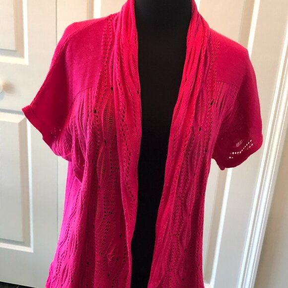 Bohemian Bright Rose-pink crocheted Ruby Rd. open front short-sleeve car… - Picture 4 of 12